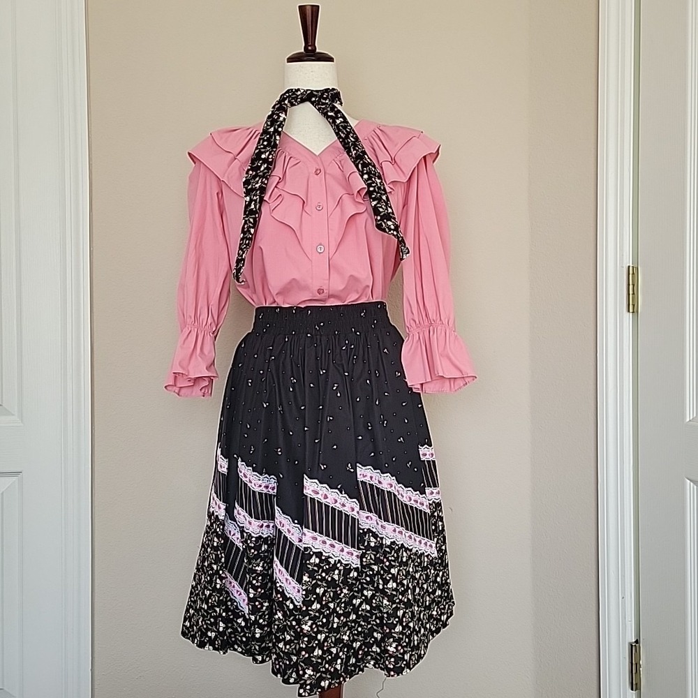 Vtg Square Up Fashions Circle Skirt S M Rodeo Cowgirl Pink Black Prairie Ruffle